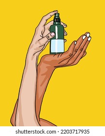 Vector illustration of woman applies cream to hands. Vector illustration for poster, beauty salon, advertisement. Woman holds cream tube and applies moisturiser to beautiful hands for clean and soft.