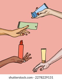 Vector illustration of woman applies cream to hands. Vector illustration for poster, beauty salon, advertisement. Woman holds cream tube and applies moisturiser to beautiful hands for clean and soft.