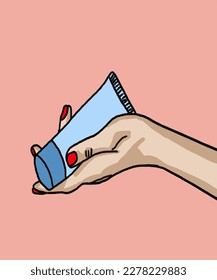 Vector illustration of woman applies cream to hands. Vector illustration for poster, beauty salon, advertisement. Woman holds cream tube and applies moisturiser to beautiful hands for clean and soft.