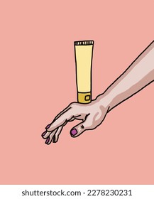 Vector illustration of woman applies cream to hands. Vector illustration for poster, beauty salon, advertisement. Woman holds cream tube and applies moisturiser to beautiful hands for clean and soft.