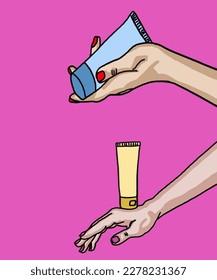 Vector illustration of woman applies cream to hands. Vector illustration for poster, beauty salon, advertisement. Woman holds cream tube and applies moisturiser to beautiful hands for clean and soft.