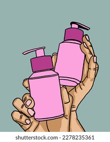 Vector illustration of woman applies cream to hands. Vector illustration for poster, beauty salon, advertisement. Woman holds cream tube and applies moisturiser to beautiful hands for clean and soft.