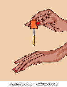 Vector illustration of woman applies cream to face. Vector illustration for poster, beauty salon, advertisement. Woman holds cream tube and applies moisturiser to beautiful face for clean and soft.