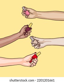 Vector illustration of woman applies fingernail polish. Vector illustration for poster, beauty salon, advertisement. Woman holds bottle of fingernail polish.