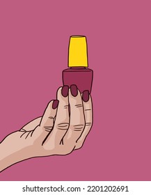 Vector illustration of woman applies fingernail polish. Vector illustration for poster, beauty salon, advertisement. Woman holds bottle of fingernail polish.