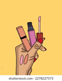 Vector illustration of woman applies lipstick. Vector illustration for poster, beauty salon, advertisement. Woman holds lipstick in hands and applies lipstick.