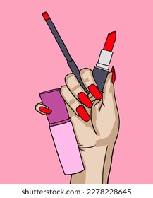 Vector illustration of woman applies lipstick. Vector illustration for poster, beauty salon, advertisement. Woman holds lipstick in hands and applies lipstick.