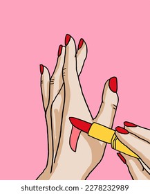 Vector illustration of woman applies lipstick. Vector illustration for poster, beauty salon, advertisement. Woman holds lipstick in hands and applies lipstick.