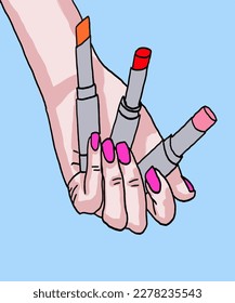 Vector illustration of woman applies lipstick. Vector illustration for poster, beauty salon, advertisement. Woman holds lipstick in hands and applies lipstick.