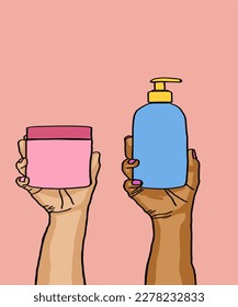 Vector illustration of woman applies shampoo and hair conditioner.. Vector illustration for poster, beauty salon, advertisement. Woman holds shampoo tube.   