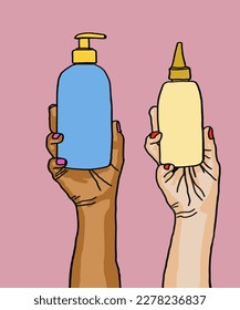 Vector illustration of woman applies shampoo and hair conditioner.. Vector illustration for poster, beauty salon, advertisement. Woman holds shampoo tube.   