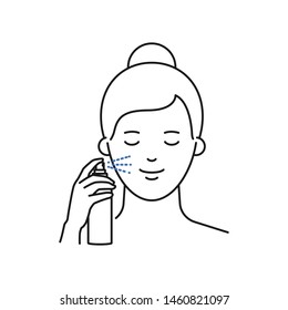 Vector illustration of woman apply facial spray outline style