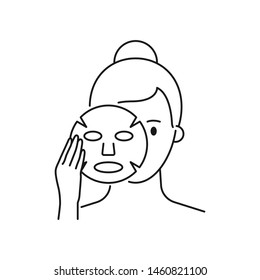 Vector illustration of woman apply facial mask sheet outline style