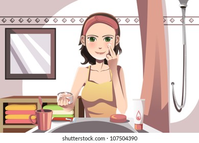 A vector illustration of a woman applying cream in the bathroom