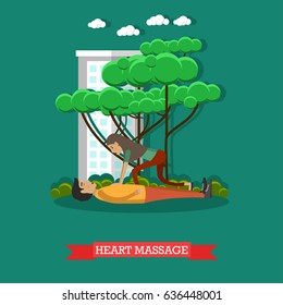 Vector illustration of woman applying first aid to lying on the ground man suffering from heart attack. Heart massage concept design element in flat style.