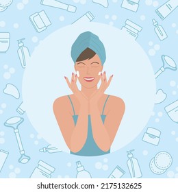 Ilustración vectorial Mujer aplicando crema hidratante en la cara. Niña cuidando la piel aplicando hidratante todos los días. Enfrentar el cuidado de la piel. Rutina De Belleza. Productos cosméticos ecológicos naturales.