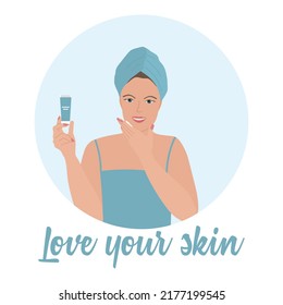 Vector illustration Woman applying moisturizing cream on face. Girl taking care of skin by applying moisturizer every day. Face skin care. Beauty Routine. Natural organic cosmetic products.