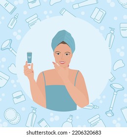 Vector illustration Woman applying moisturizing cream on face. Girl taking care of skin by applying moisturizer every day. Face skin care. Beauty Routine. Natural organic cosmetic products.