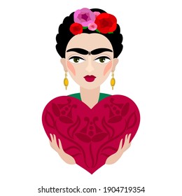 Vector illustration of woman artist Frida Kahlo with heart