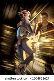 Vector illustration of the woman astronaut goes for a mission in the universe, she fell into the black hole then got trapped in the time dimensions and try to contact her husband on earth with love