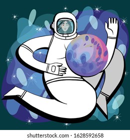 Vector illustration of woman astronaut with planet in hands. Hand drawn illustration. Cosmos. Cosmonautics Day