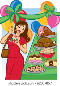 Vector Illustration of a woman avoiding a tempting holiday buffet by eating healthy, small portions.