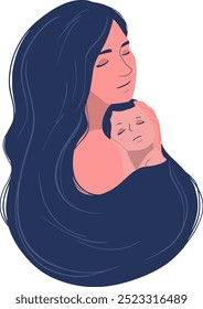 Vector illustration with a woman with a baby in her arms. Card for Mother's Day. Poster concept. The concept of motherhood and health.