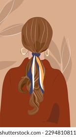 Vector illustration of a woman from the back. Long hair is styled in the tail and tied with a ribbon. A woman with a beautiful hairstyle and a handkerchief. Stylish hair accessories. A girl red Dress