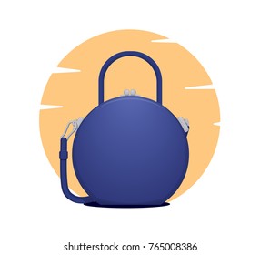 Vector illustration of woman bag, round shaped, blue color. Trendy circular shape, elegant silhouette, with handle, strap and ball clasp. Cute realistic style, orange background, isolated