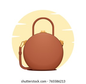 Dibujo vectorial de la bolsa de mujer, de forma redonda, beige o marrón. Forma circular de moda, silueta elegante, con mango, correa y rótulo. Un estilo realista, con un fondo naranja, aislado.