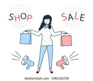 Vector illustration of a woman with bags in her hands. Shop and sales.