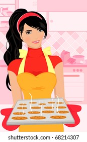 A vector illustration of a woman baking cookies in the kitchen
