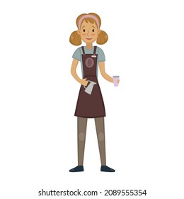 Vector illustration with a woman barista. happy woman. funny illustration. flat style. coffee professional