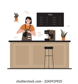 Ilustración vectorial de la mujer barista haciendo café. Ilustración para sitio web, página de inicio, aplicación móvil, afiche y banner. Ilustración vectorial plana de moda