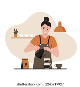 Vector illustration of woman barista making coffee. Illustration for website, landing page, mobile app, poster and banner. Trendy flat vector illustration