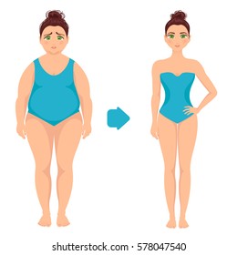 Ilustración vectorial de una mujer antes y después de la pérdida de peso. Perfecto símbolo del cuerpo. Un concepto de dieta y deporte exitoso. Ideal para gimnasios y revistas de salud.