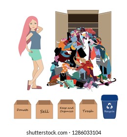 Vector Illustration with a a Woman and a Big Messy Pile of Useless, Old, Cheap, and Oumoded Cothes. Nothing to Wear, and Wardrobe Arrangement Concept.