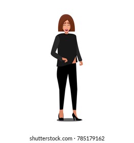 Vector illustration of woman in black dress isolated on white background. Woman taking mobile phone in her hand