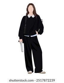 Ilustración vectorial de mujer con suéter oversize negro, pantalón ancho y botas blancas como la nieve.