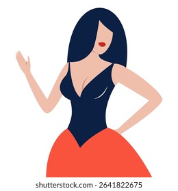 
Vector illustration of woman in black and red evening dress.