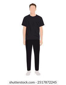 Vector illustration of a woman in a black t-shirt and black pants. Black minimalism