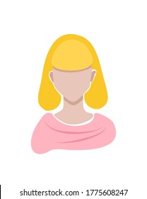 Vector illustration with a woman with blond hair and a pink t-shirt. Design avatars for social networks.