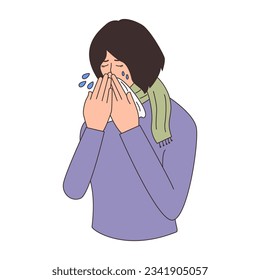 Vector Illustration of a Woman Blowing Her Nose While Suffering from Flu or Cold