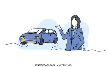 Vector illustration of a woman with a blue car. Modern flat in continuous line style.