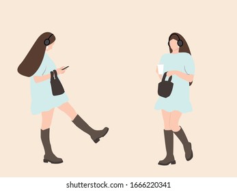 vector illustration woman in blue dress listen music
