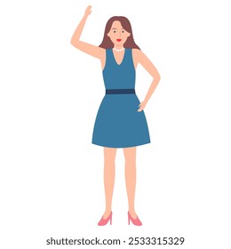 Vector illustration of a woman in a blue dress and pink heels, raising one arm, smiling confidently.