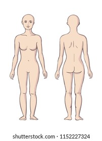 Vector Illustration Of Woman Body, Female Standing Front And Back Isolated On White