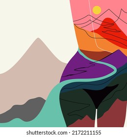 Vector illustration with woman body, mountains, river, waterfall.  Trendy abstract print design, colorful home decoration art poster