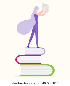 Vector illustration with woman and books. Young female reader, stack of giant books. Literature fans. Trendy design concept for print.