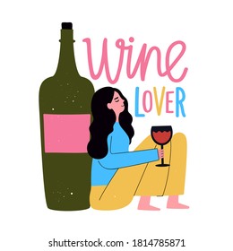 Vector illustration with woman, bottle of wine and glass. Wine lover lettering phrase. Trendy apparel print design, colored typography poster